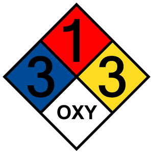 symbol - diamond shaped symbol with 4 boxes in 4 colors: 1:red, 3:yellow and blue and and white: OXY