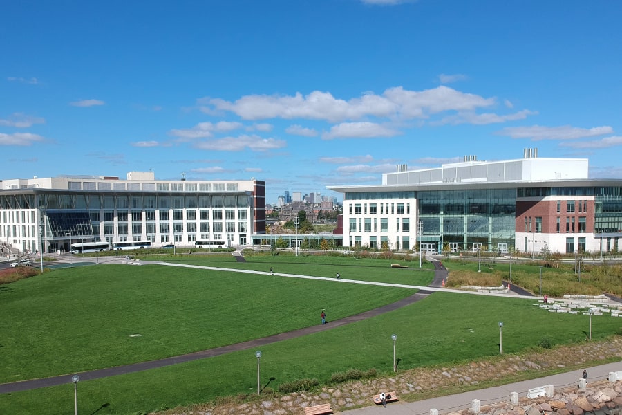 Campus Center lawn and UHall viewed from air.