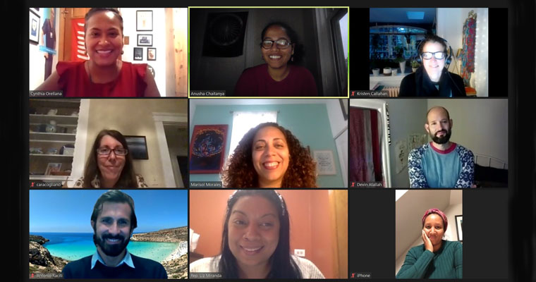 Image shows UMass Boston professors speaking to each other on a Zoom meeting.